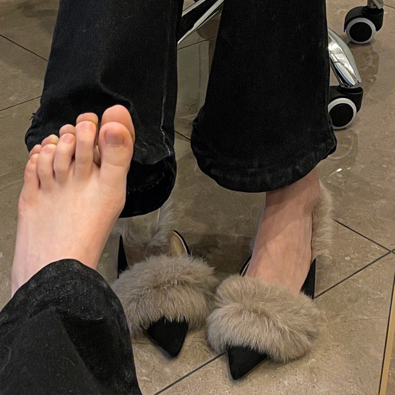 Wholesale Autumn and Winter Warm Thin High Heel Women's Mueller Shoes Slippers